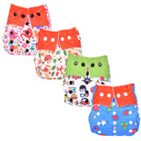 Baby Reusable Cotton Pocket Diapers- Pack of 4 and 4 Inserts - Size Adjustable -0-24 Months