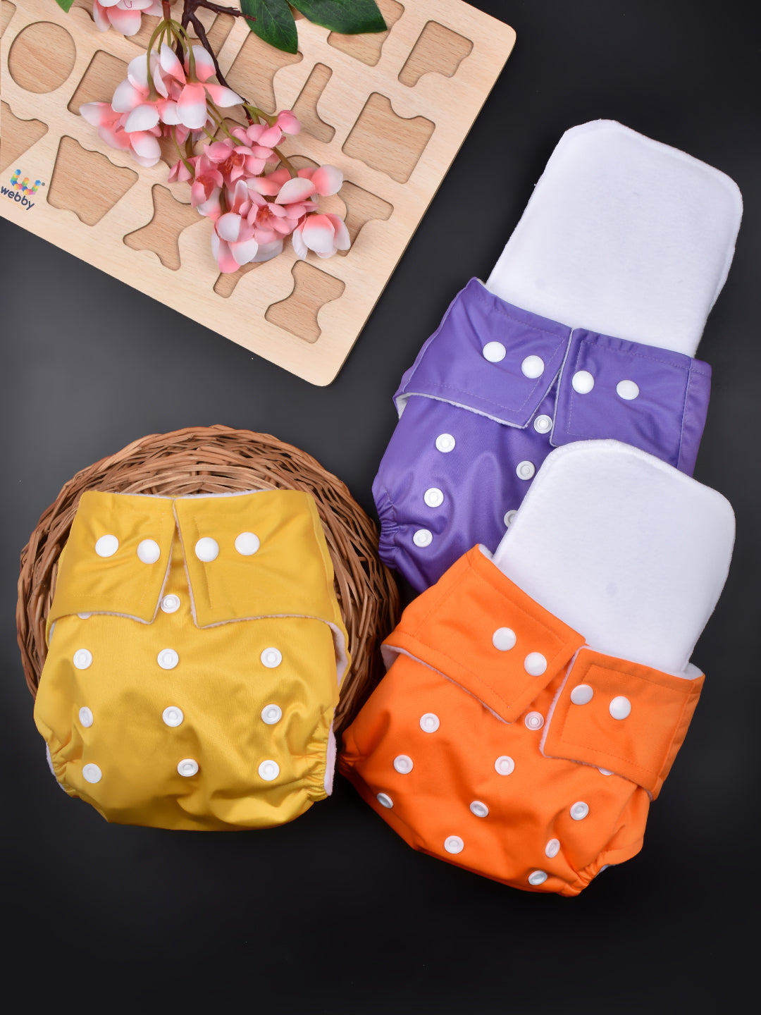 Moms Home Baby Reusable Cotton Pocket Diapers With 3 Inserts,  Adjustable 0-12 Months - Pack of 3