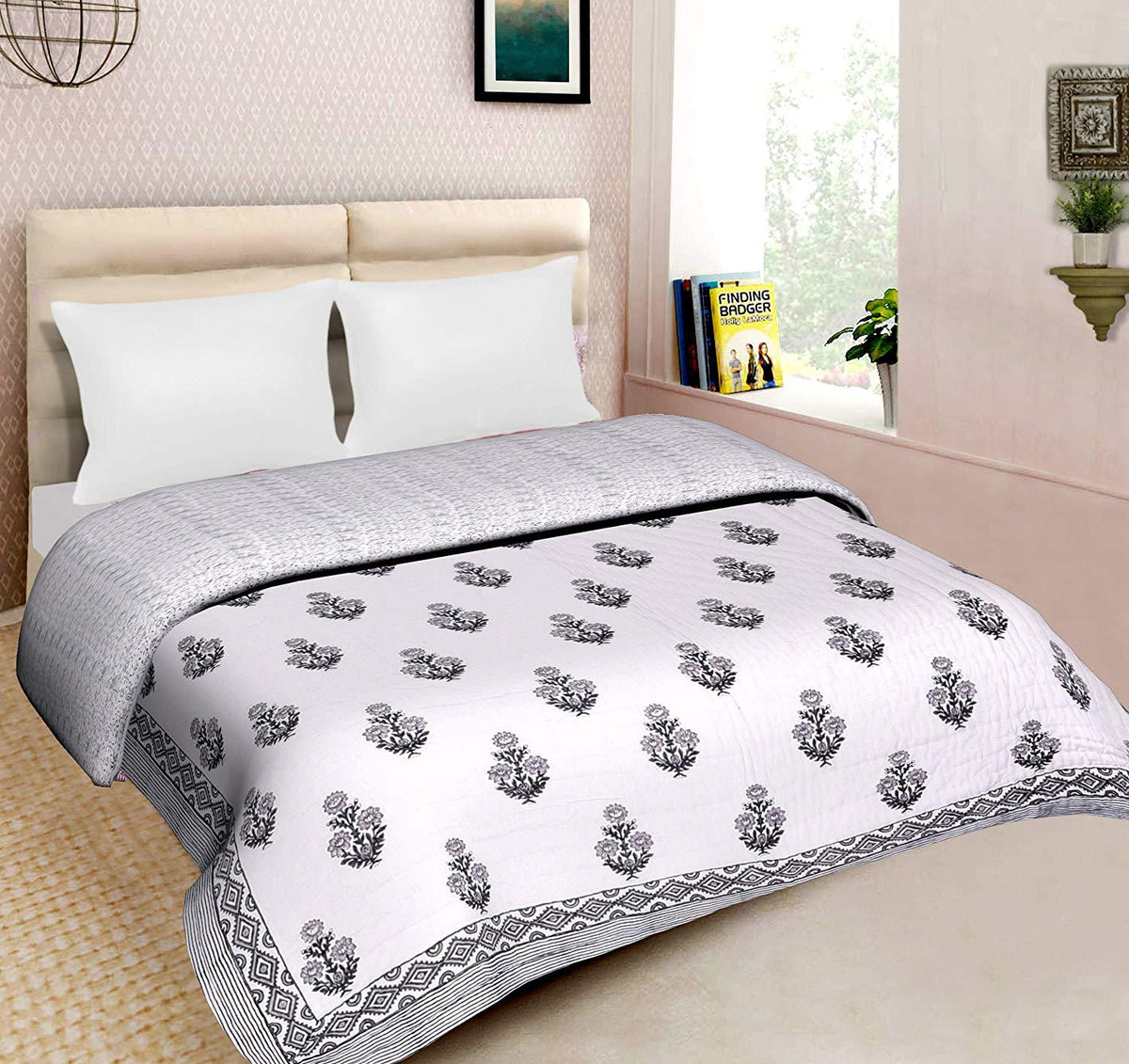 Mom's Home Organic Cotton Double Bed- Soft and Light Weight Comfortor/Quilt - Grey Bouquet- - 90"*108''