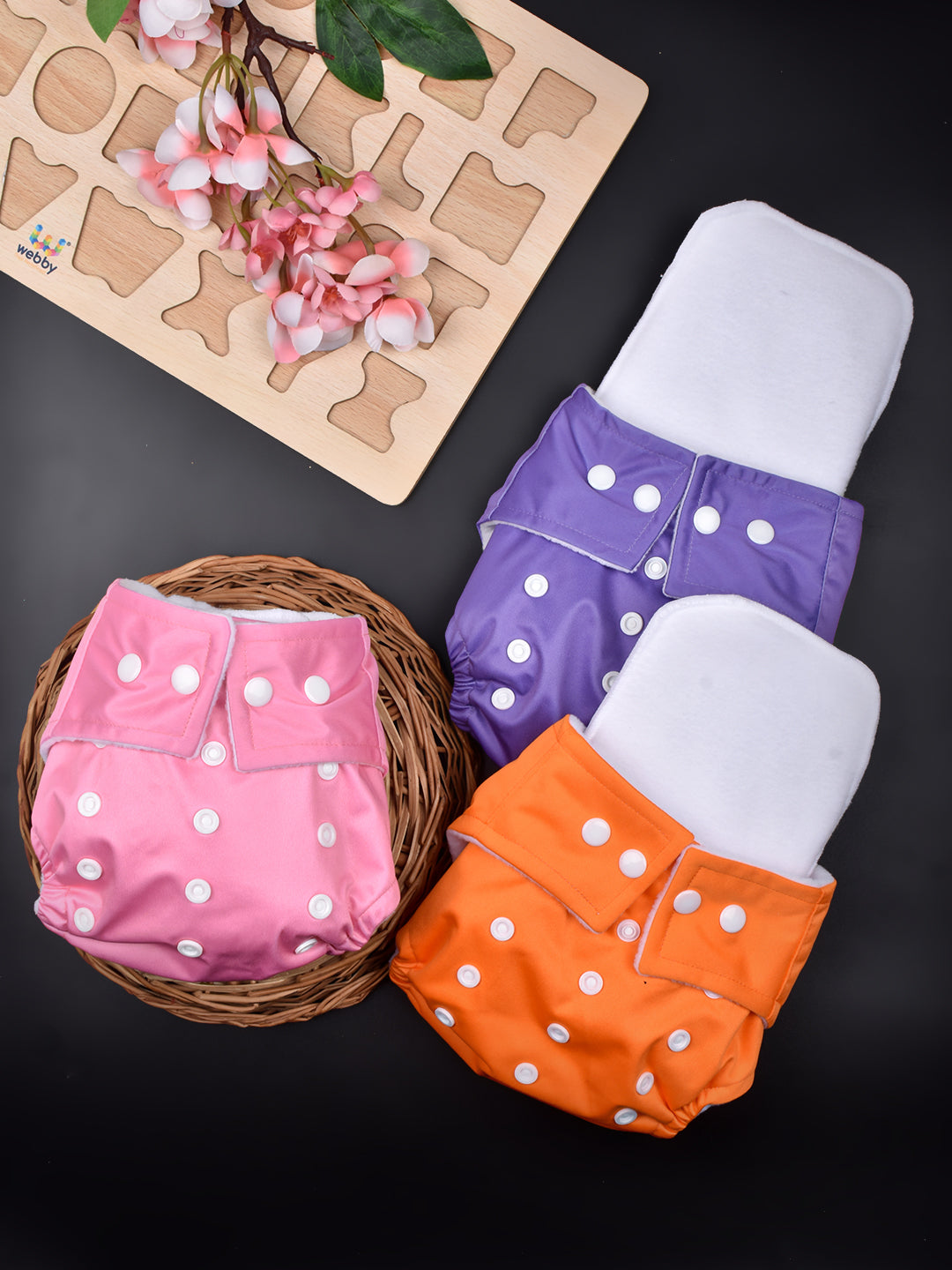 Moms Home Baby Reusable Cotton Pocket Diapers With 3 Inserts,  Adjustable 0-12 Months - Pack of 3