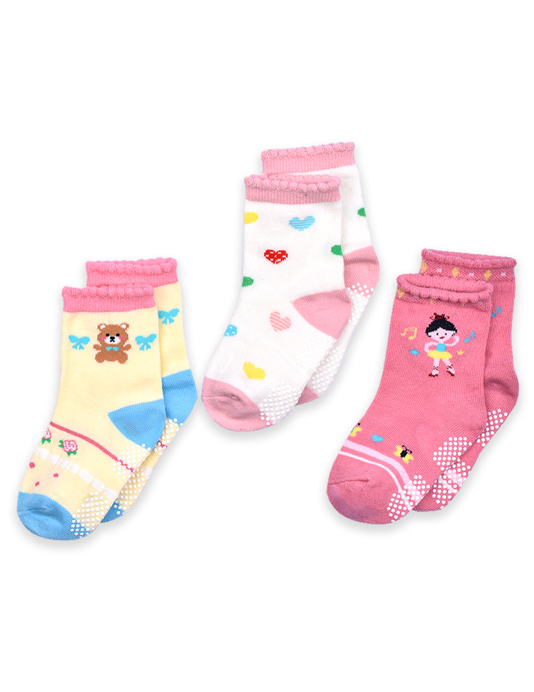 Baby Organic Cotton  Girls Antiskid Socks, Patterned  - Pack of 3