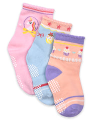 Baby Organic Cotton Girls Antiskid Socks, Patterned Mix Designs - Pack of 3