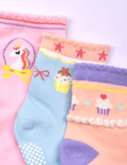 Baby Organic Cotton Girls Antiskid Socks, Patterned Mix Designs - Pack of 3