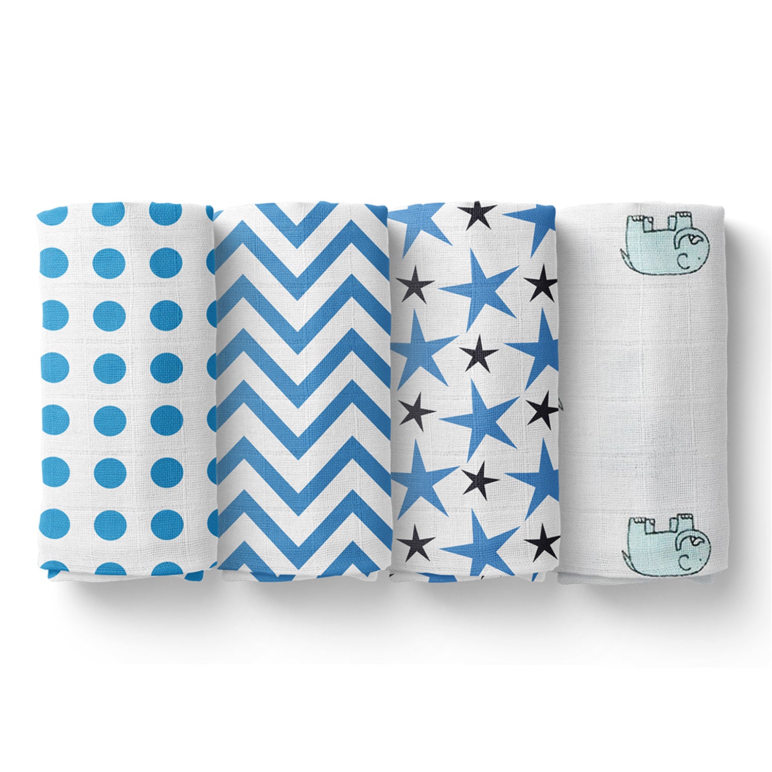 Baby Muslin Cloth Swaddle -0-12 Months-Pack of 4 -Blue Dot, Zigzag, Star, Elephant