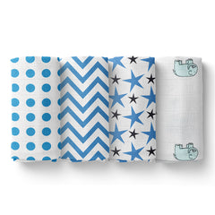 Baby Muslin Cloth Swaddle -0-12 Months-Pack of 4 -Blue Dot, Zigzag, Star, Elephant