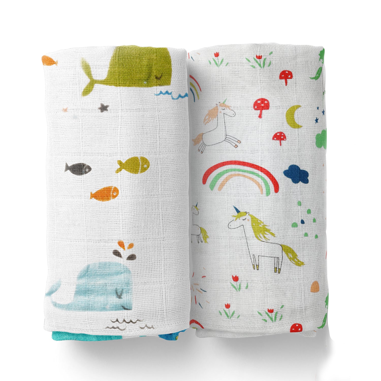 Baby Muslin Cloth Swaddle - 0-12 Months,  Pack of 2 (Blue Whale & Unicorn)