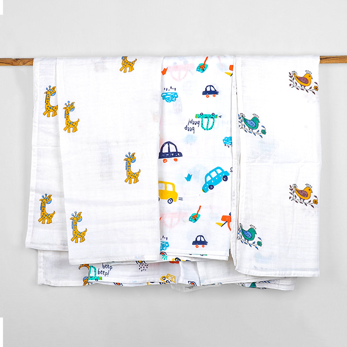 Baby Muslin Swaddle - 100x100 cm- Pack of 3- CAR , BIRD & Giraff