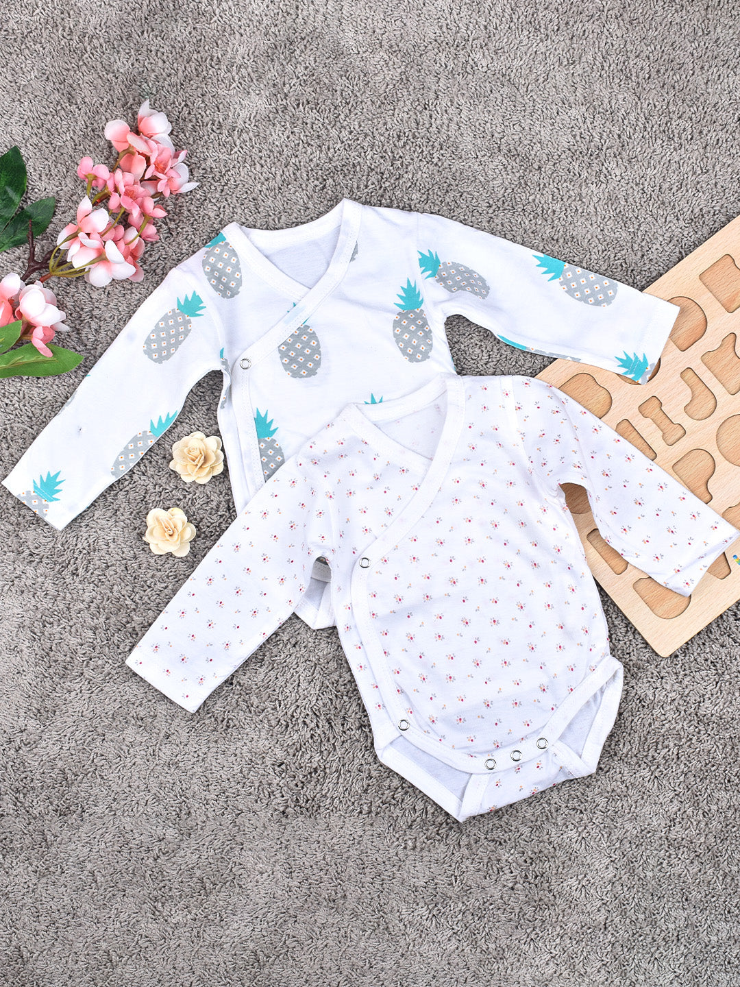 Baby Unisex Full Sleeves Onesie  - Pack of 2, Pink Flower, Pineapple - 0-3 months