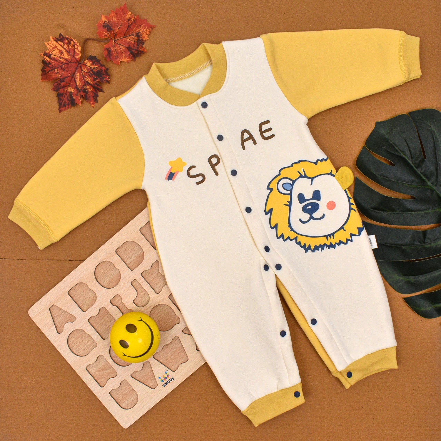 Moms Home Organic Cotton Baby Full Length Winter Romper, Spae Lion Yellow - 6-12 Months
