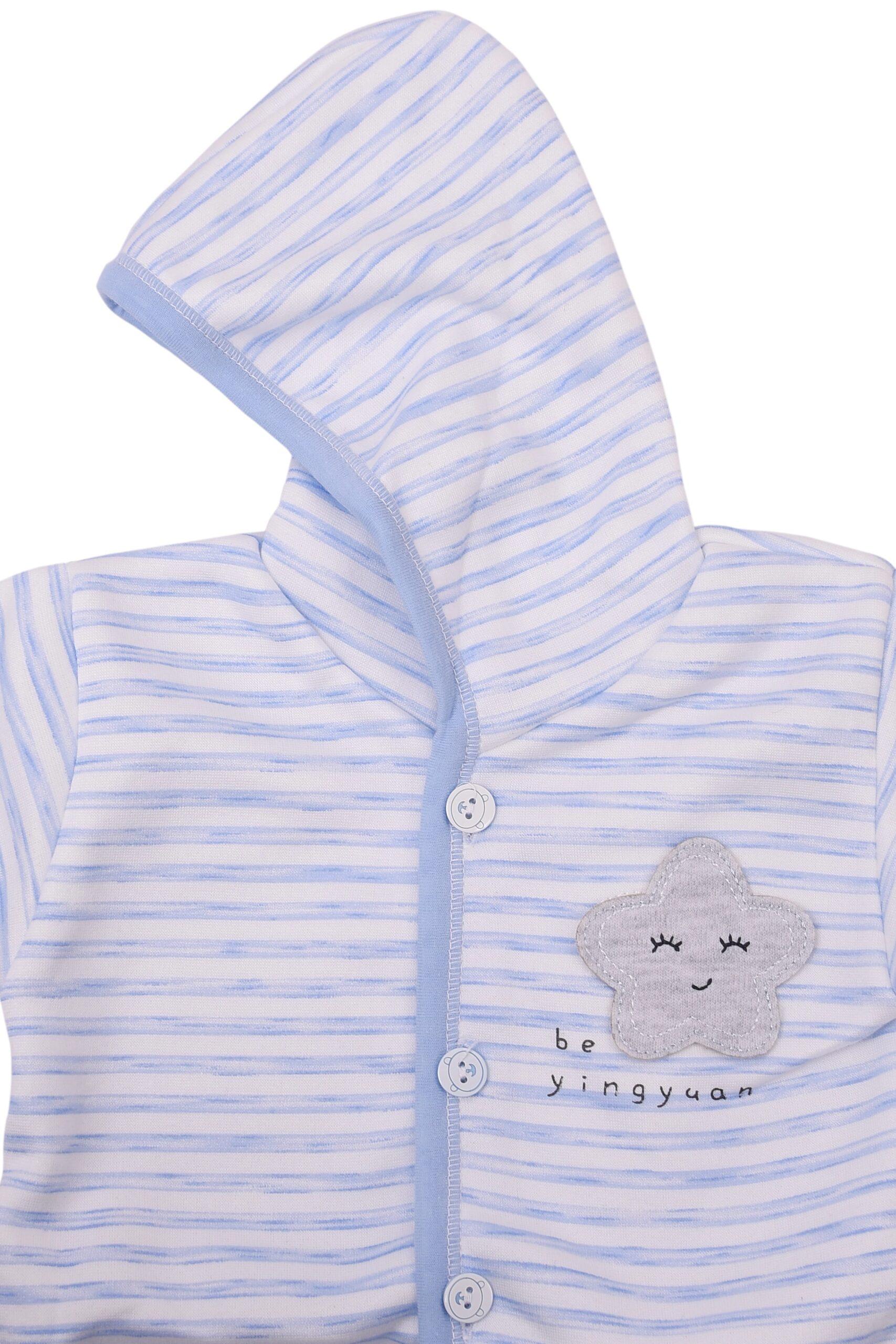 Baby's Warm Unisex Cotton Suit Set - 1Pajama and 1Hooded Shirt- Blue Strip