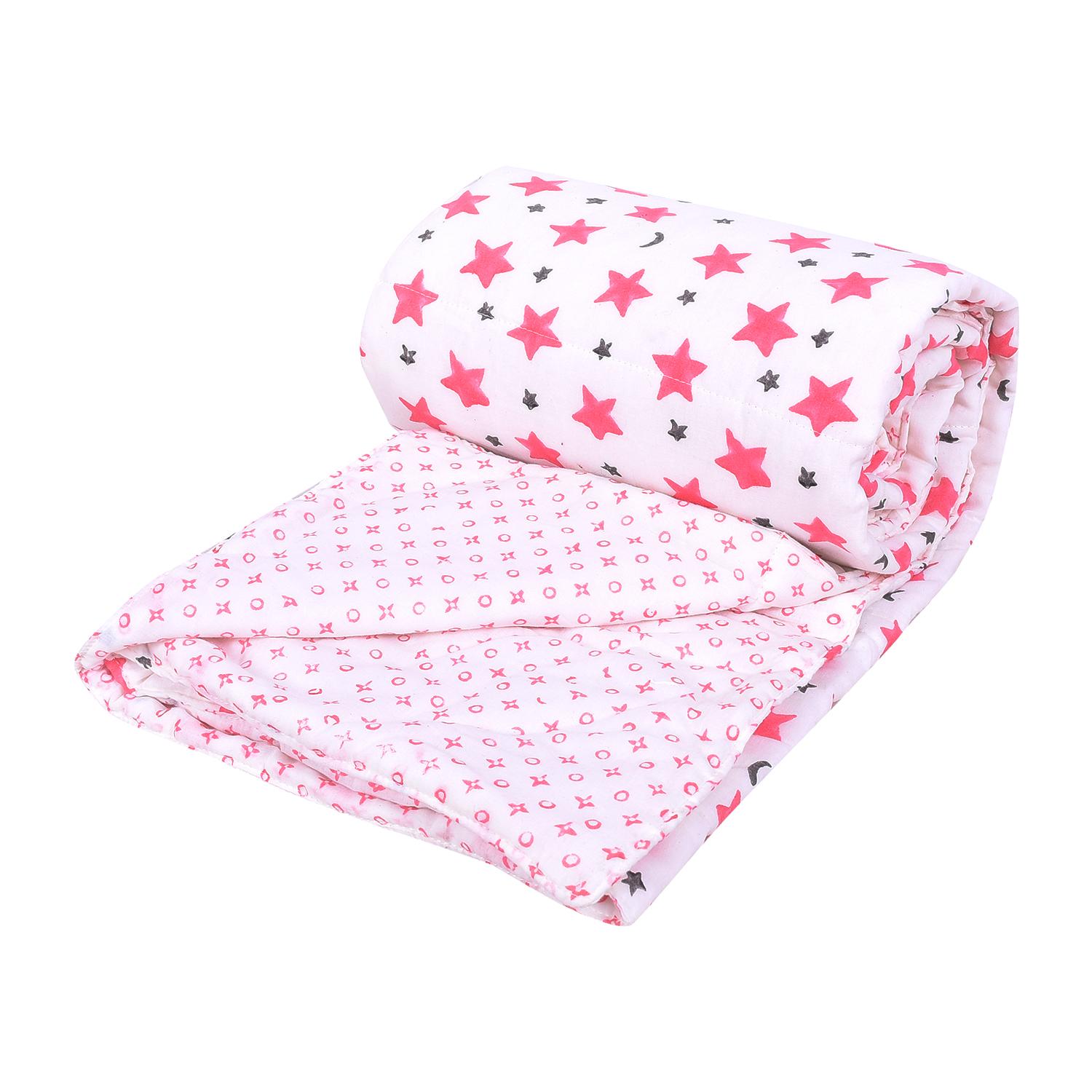 Mom's Home Organic Cotton Super Soft Summer AC Baby Quilt Blanket Cum Bedspread - 0-3 Years - 110 * 120 Cms - Pack of 2 Pink (Butterfly and Star)