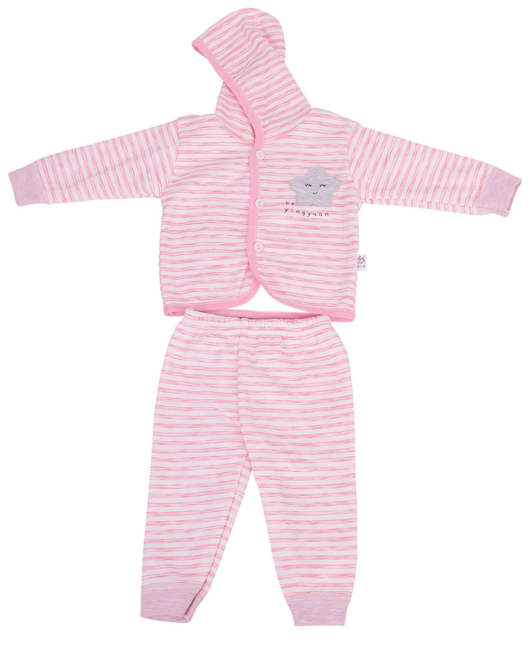 Baby's Warm Unisex Cotton Suit Set - 1Pajama and 1Hooded Shirt- Pink Strip