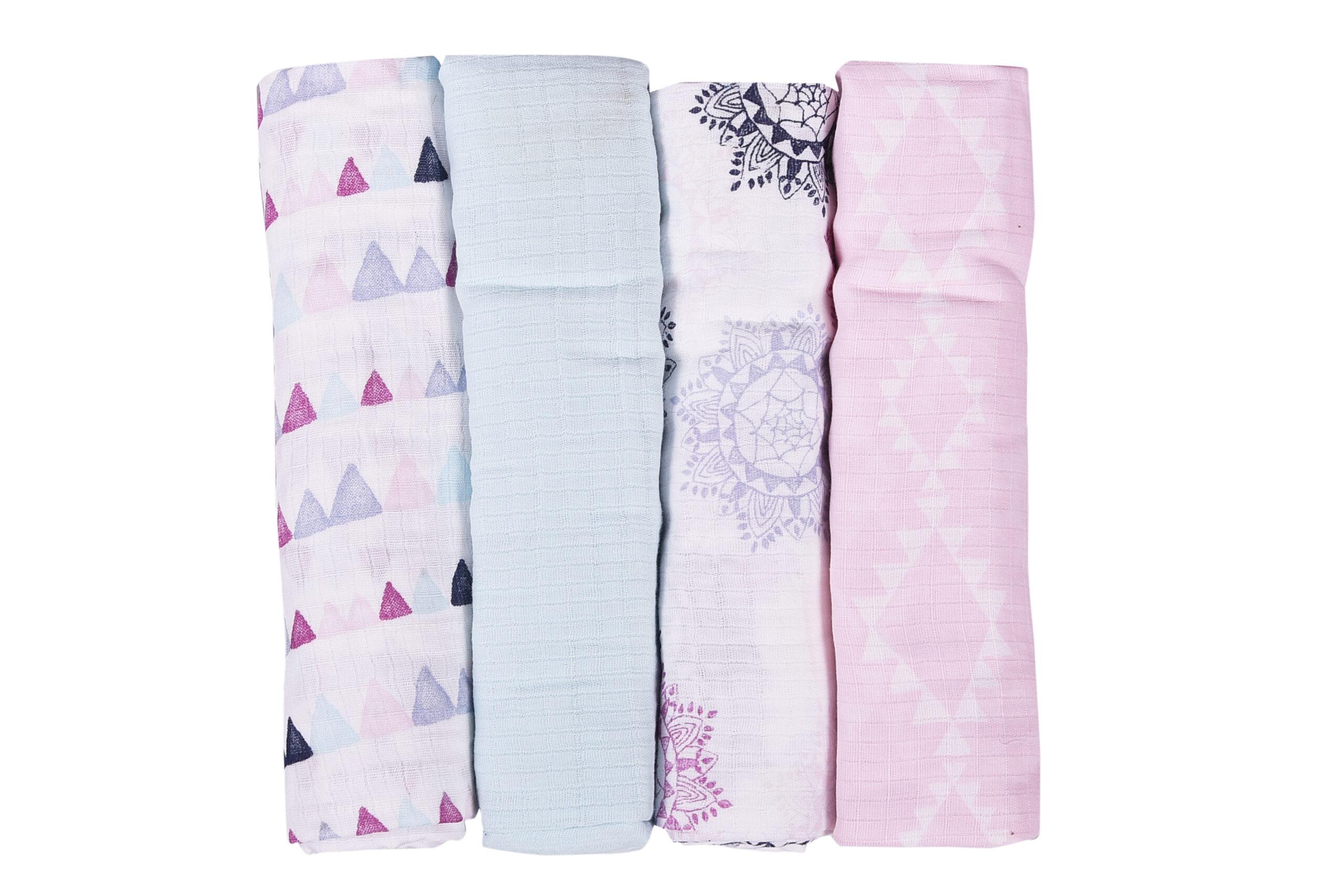 Baby Organic Cotton Muslin Quilt and Pack of 4 Muslin Swaddles Combo- 0-2 Years- 112*112 cms- Pink Flower Print