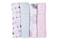Baby Organic Cotton Muslin Quilt and Pack of 4 Muslin Swaddles Combo- 0-2 Years- 112*112 cms- Pink Flower Print