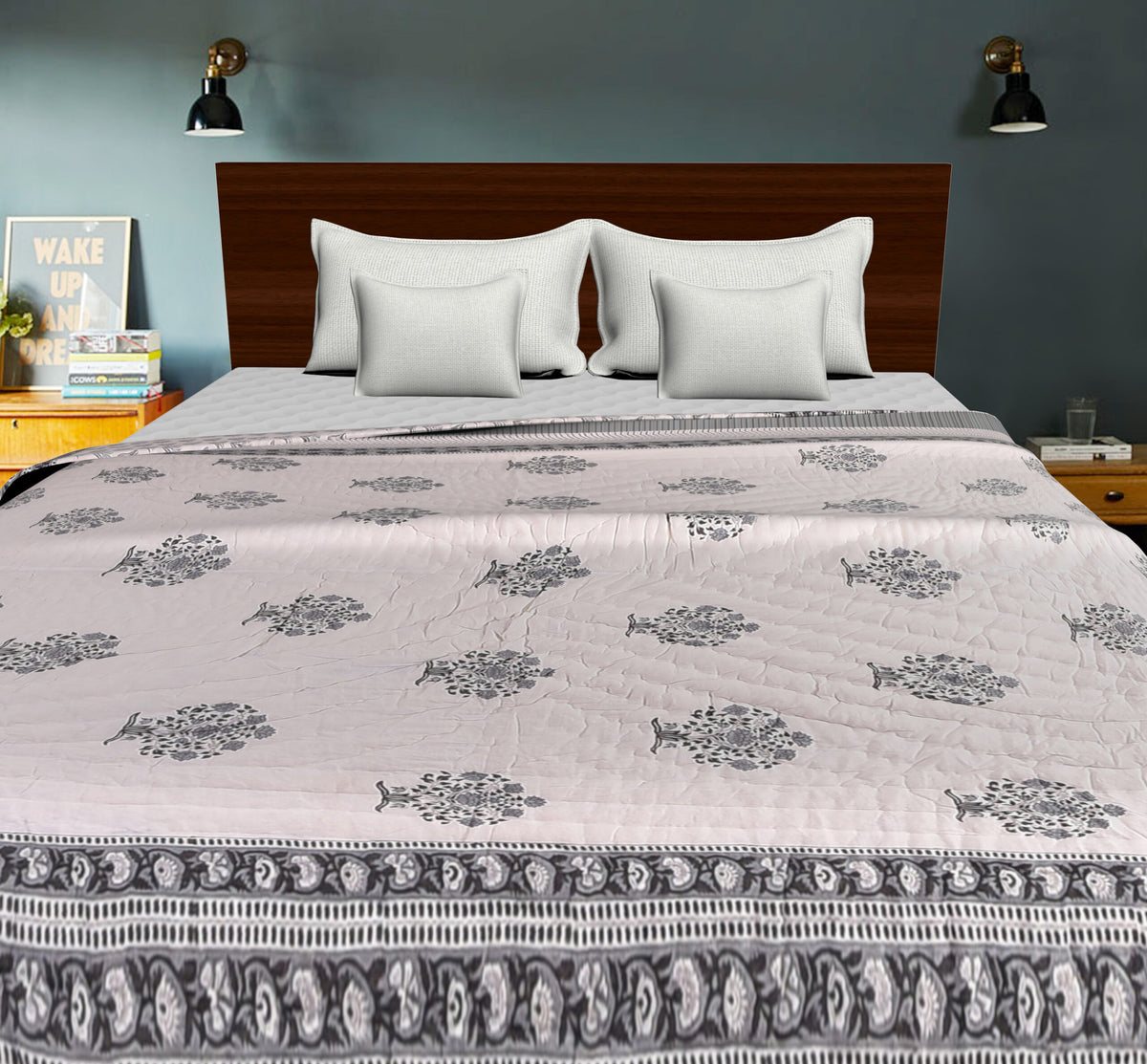 Double Bed- Comforter/Quilt - Grey Flower- 90"*108''