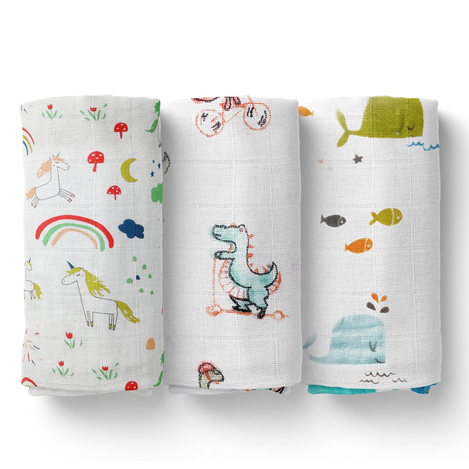 Baby Muslin Cloth Swaddle - 0-12 Months,  Pack of 3 (Blue Whale, Unicorn & Dinosaur)