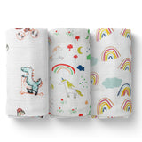 Baby Muslin Cloth Swaddle - 0-12 Months,  Pack of 3 (Rainbow, Unicorn & Dinosaur)