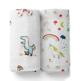 Baby Muslin Cloth Swaddle - 0-12 Months,  Pack of 2 (Unicorn & Dinosaur)