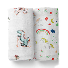 Baby Muslin Cloth Swaddle - 0-12 Months,  Pack of 2 (Unicorn & Dinosaur)