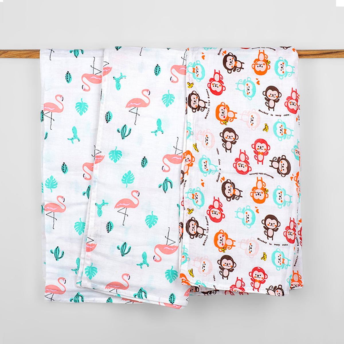Baby Muslin Swaddle - 100x100 cm- Pack of 2- Flemingo  & Monkey