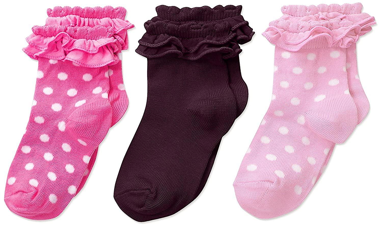 FOOTPRINTS Organic cotton Baby Girls Frill Socks- 12-24 Months - Pack of 3 pairs (Pink, Violet)