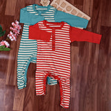Baby Full Body length Romper/ Sleeping Suit-  Pack of 2 - Red and Green Stripes