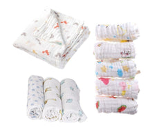 Baby Gift Pack - Pack of 3 Muslin Swaddle ,1 Muslin 6 Layer Blanket and Pack of 5 Muslin Square napkins (All Mix designs)