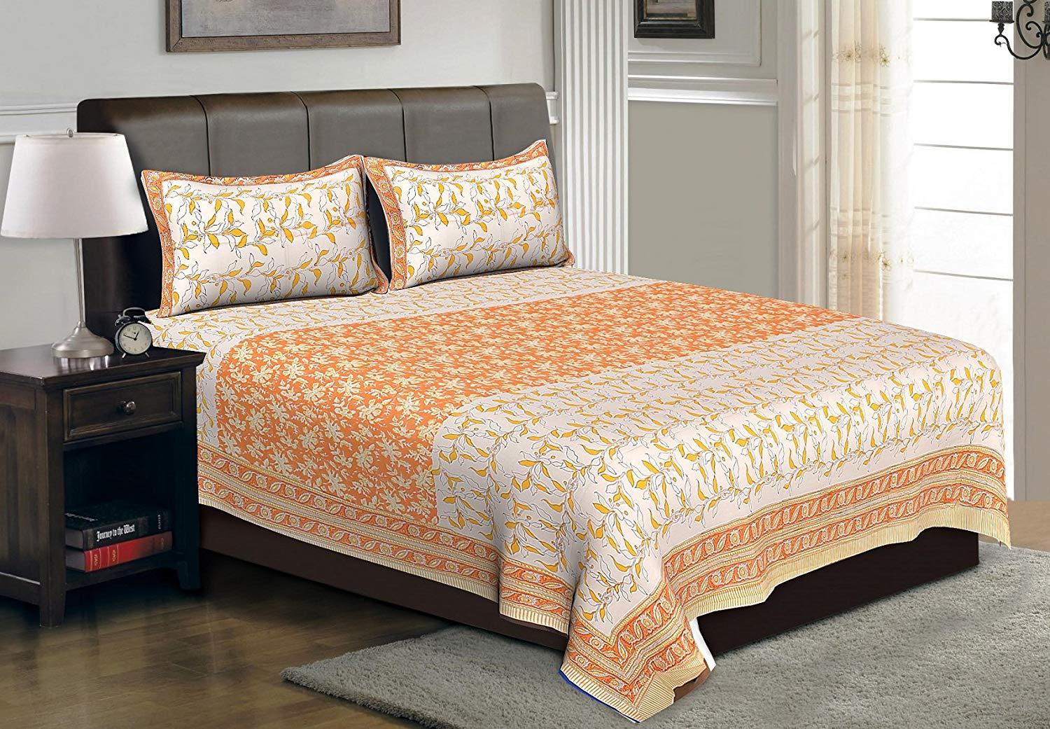 Double Bedsheet with 2 Pillow Covers - Orange Leaf