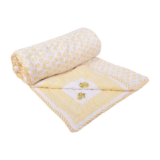 Organic Cotton Kids Quilt - Yellow Squirrel Print- 0-9 Years - 140 X 200cm