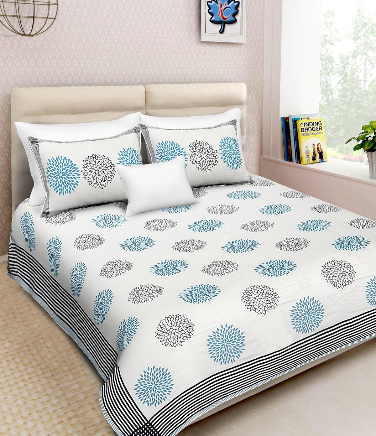 Double Bedsheet with 2 Pillow Covers - Sunflower Blue
