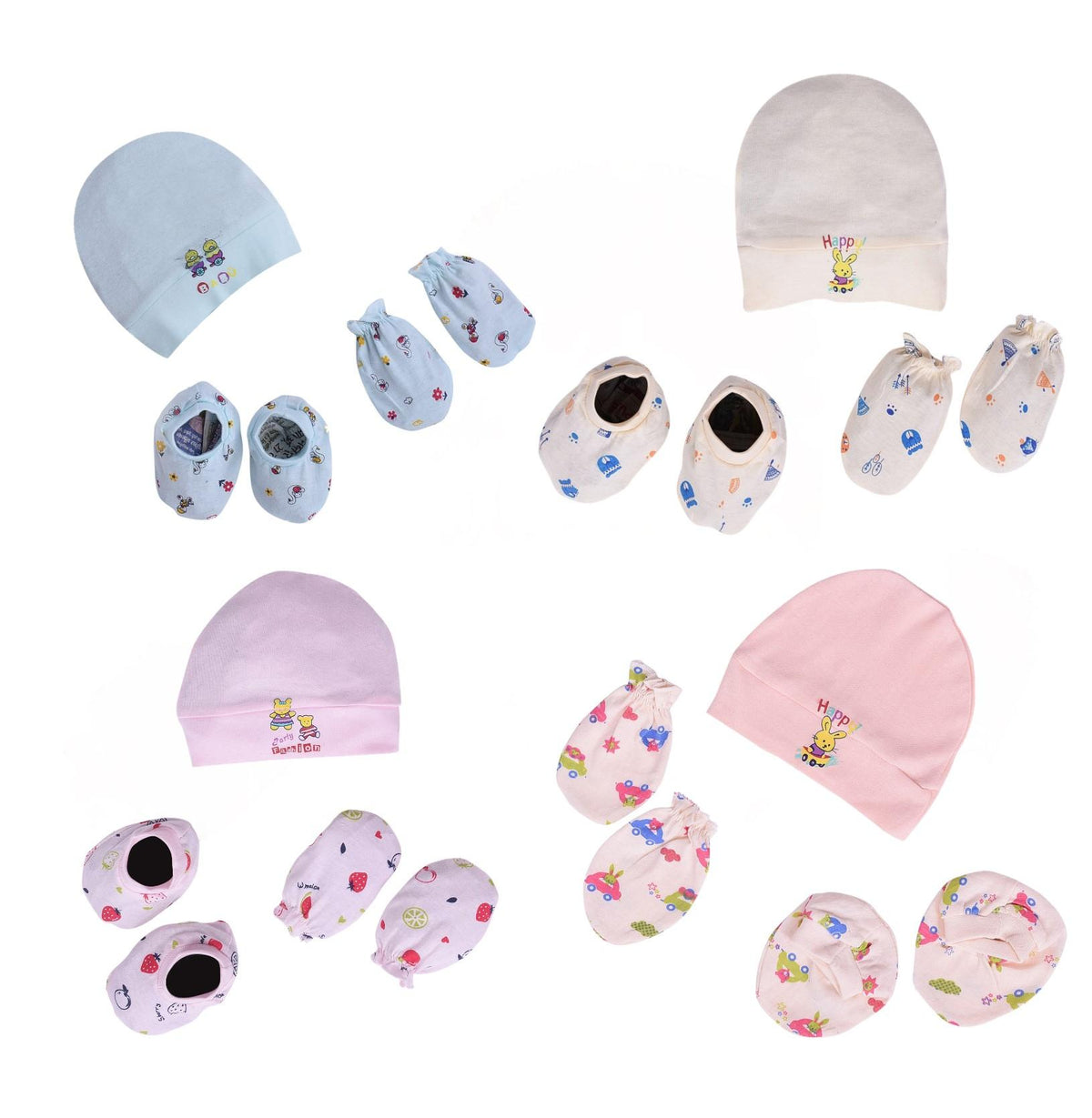 New Born Baby Cap Mitten Booties Set - Pack of 4 Mix Design