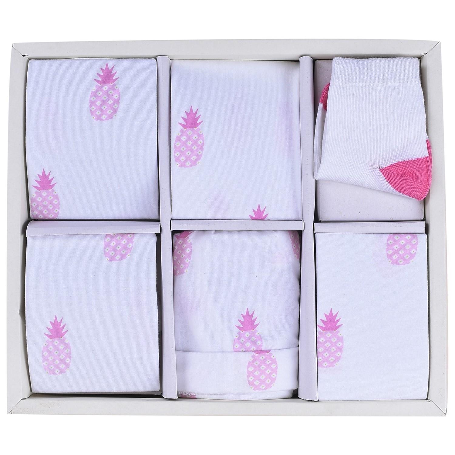 New Born Baby Unisex Organic cotton 6 Piece Gift Set -Pink Pineapple 6-12 Months