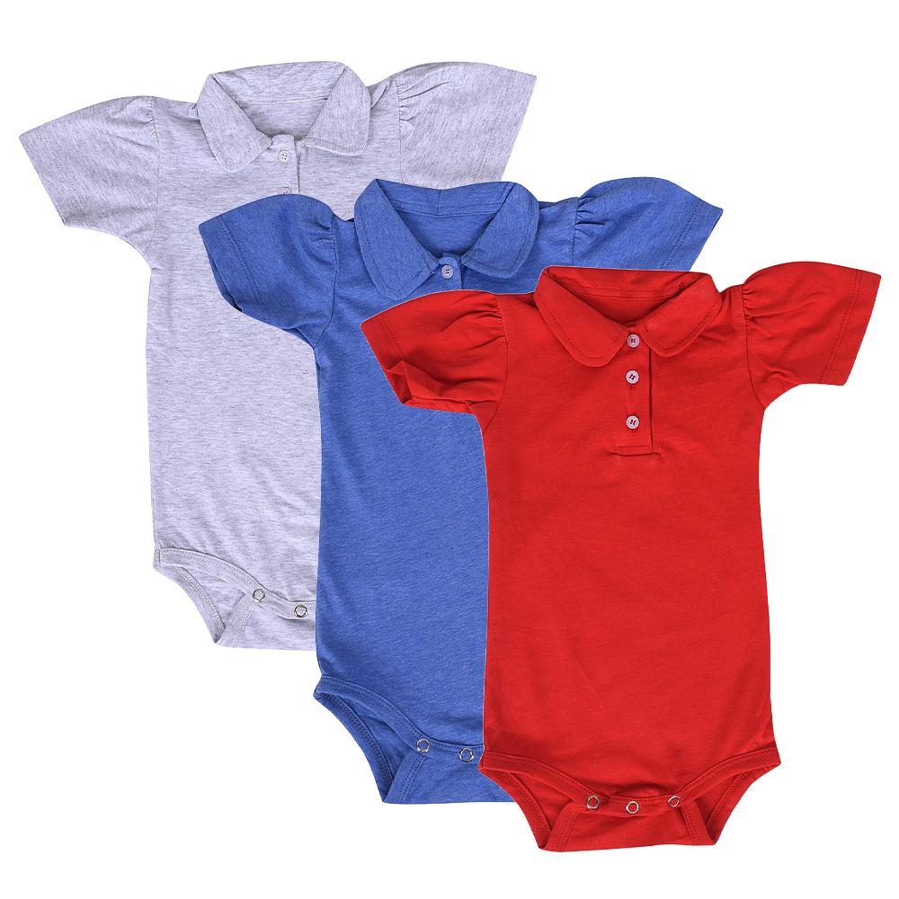 Baby Girls Organic Cotton  Tshirt Bodysuit - Pack of 3- Red Blue Grey