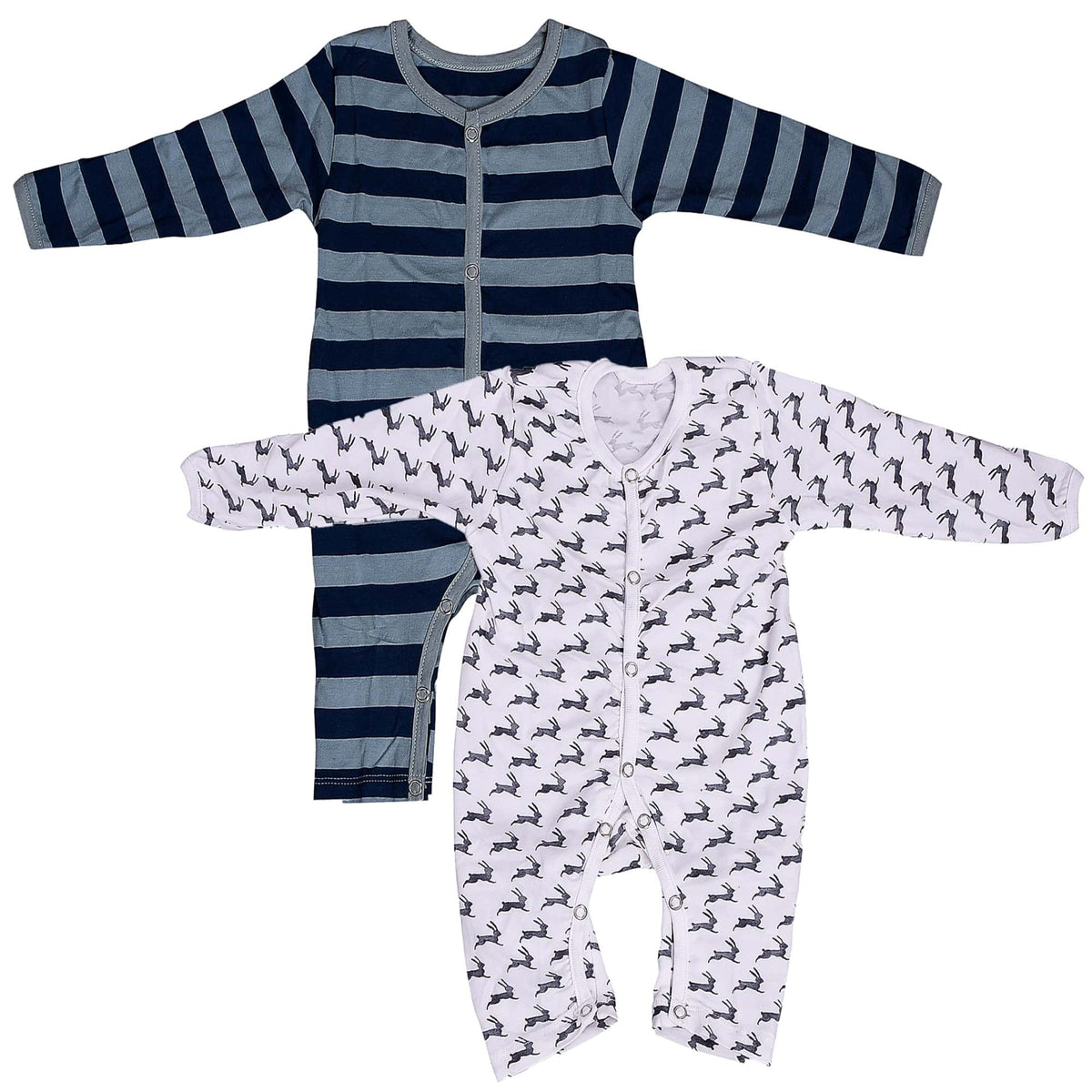 Baby Unisex Sleeping Suit – Grey Strip and Rabbit Print Pack of 2