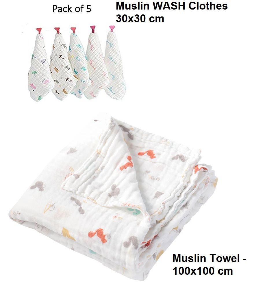 Baby Wash Combo Set - 1 Muslin Towel and Set of 5 Baby wash clothes