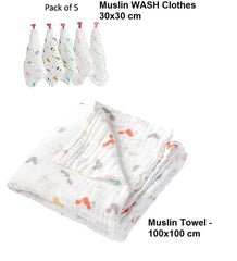 Baby Wash Combo Set - 1 Muslin Towel and Set of 5 Baby wash clothes