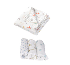 Baby Gift Pack - Pack of 3 Muslin Swaddles ( Mix designs) and 1 Muslin 6 Layer Blanket