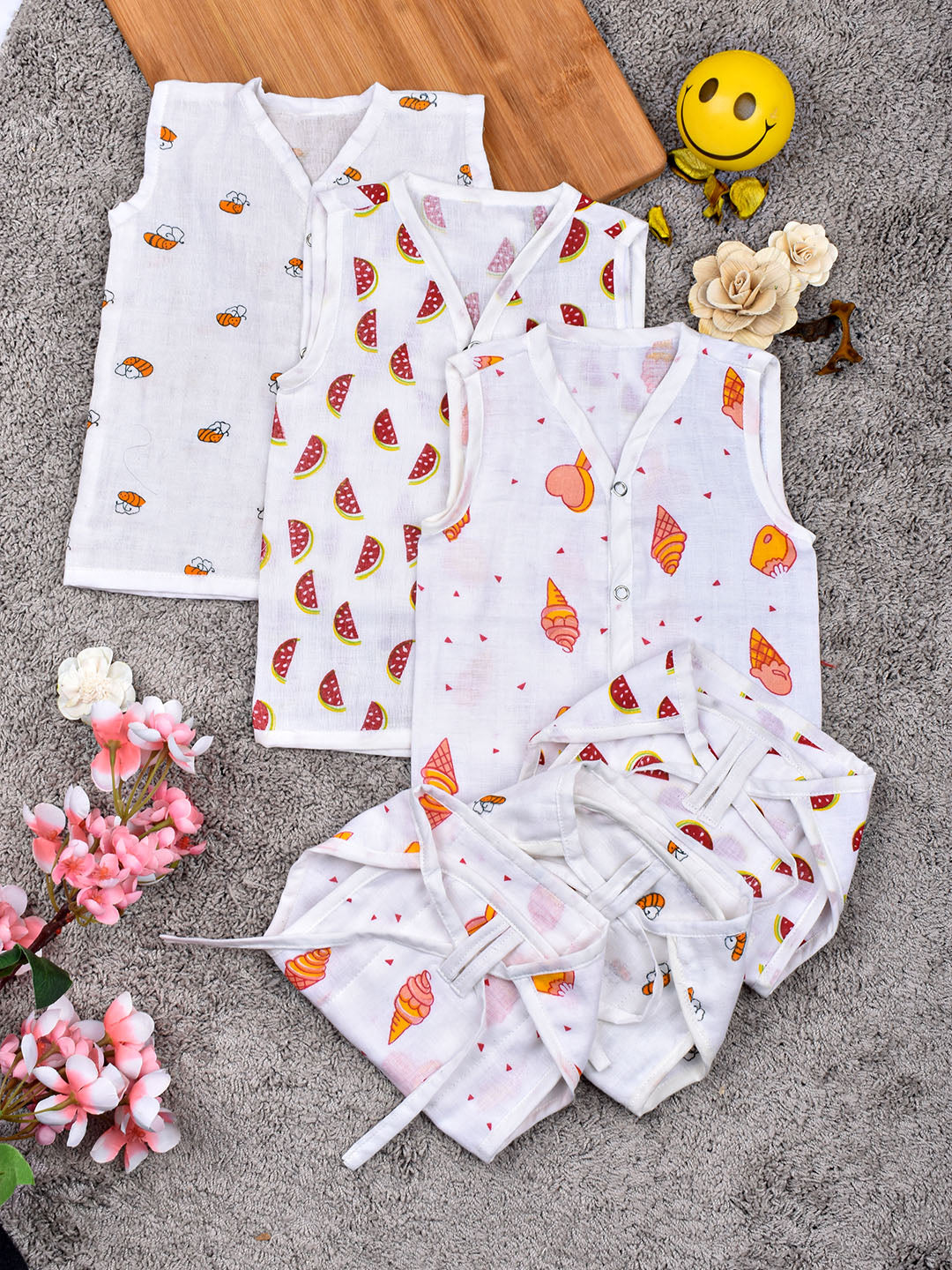 Baby Unisex Organic Cotton Muslin Jhabla and Nappy Set-Pack of 3