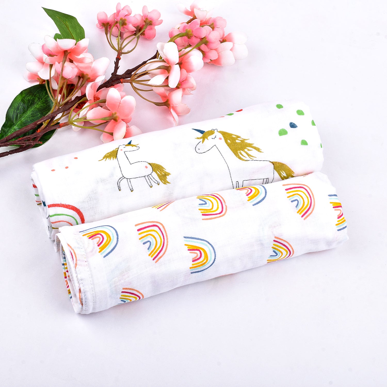 Baby Muslin Cloth Swaddle - 0-12 Months,  Pack of 2 (Unicorn & Rainbow)