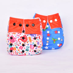 Baby Reusable Cotton Printed Pocket Diapers With 2 Inserts - Pack of 2 Star, Elephant