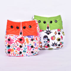 Baby Reusable Cotton Printed Pocket Diapers With 2 Inserts - Pack of 2 Mix Design