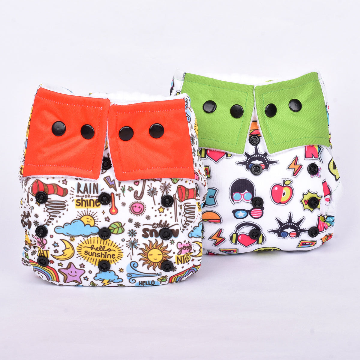 Baby Reusable Cotton Printed Pocket Diapers With 2 Inserts - Pack of 2 Green apple, Sun