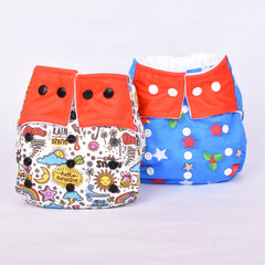 Baby Reusable Cotton Printed Pocket Diapers With 2 Inserts - Pack of 2 Star, Sun