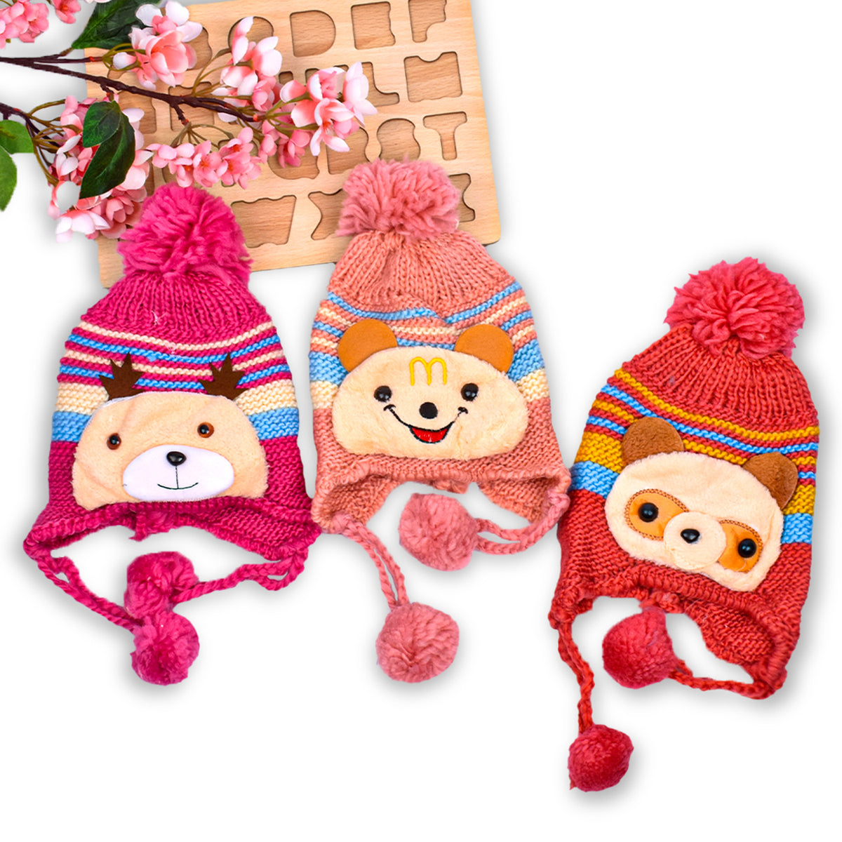 Baby Unisex Woolen Caps, Mix Design (Pack Of 3)