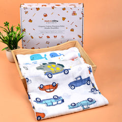 Baby Muslin Cloth Swaddle - 0-12 Months,  Pack of 3 (Car, Blue Whale & DinoPark)