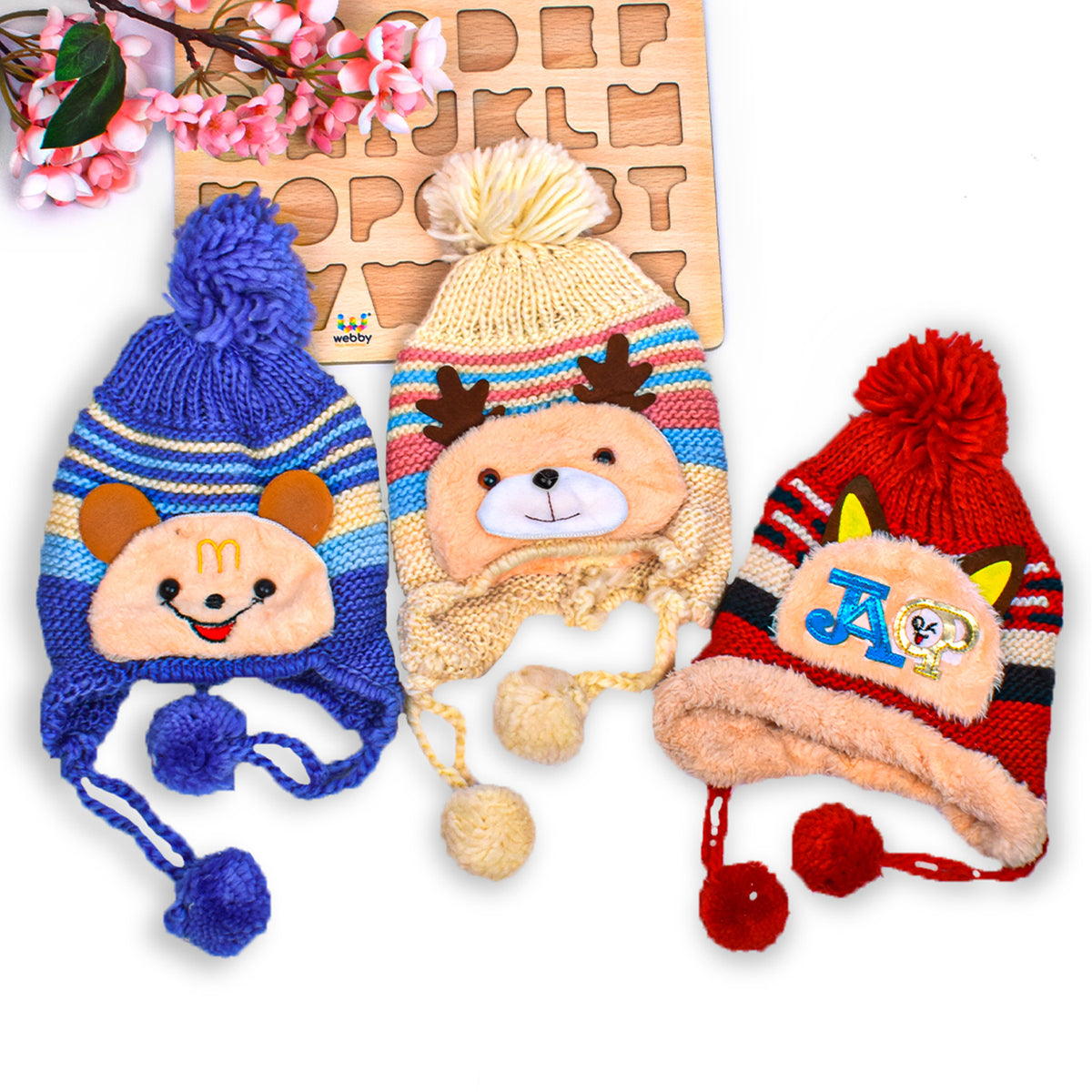 Baby Unisex Woolen Caps, Mix Design (Pack Of 3)