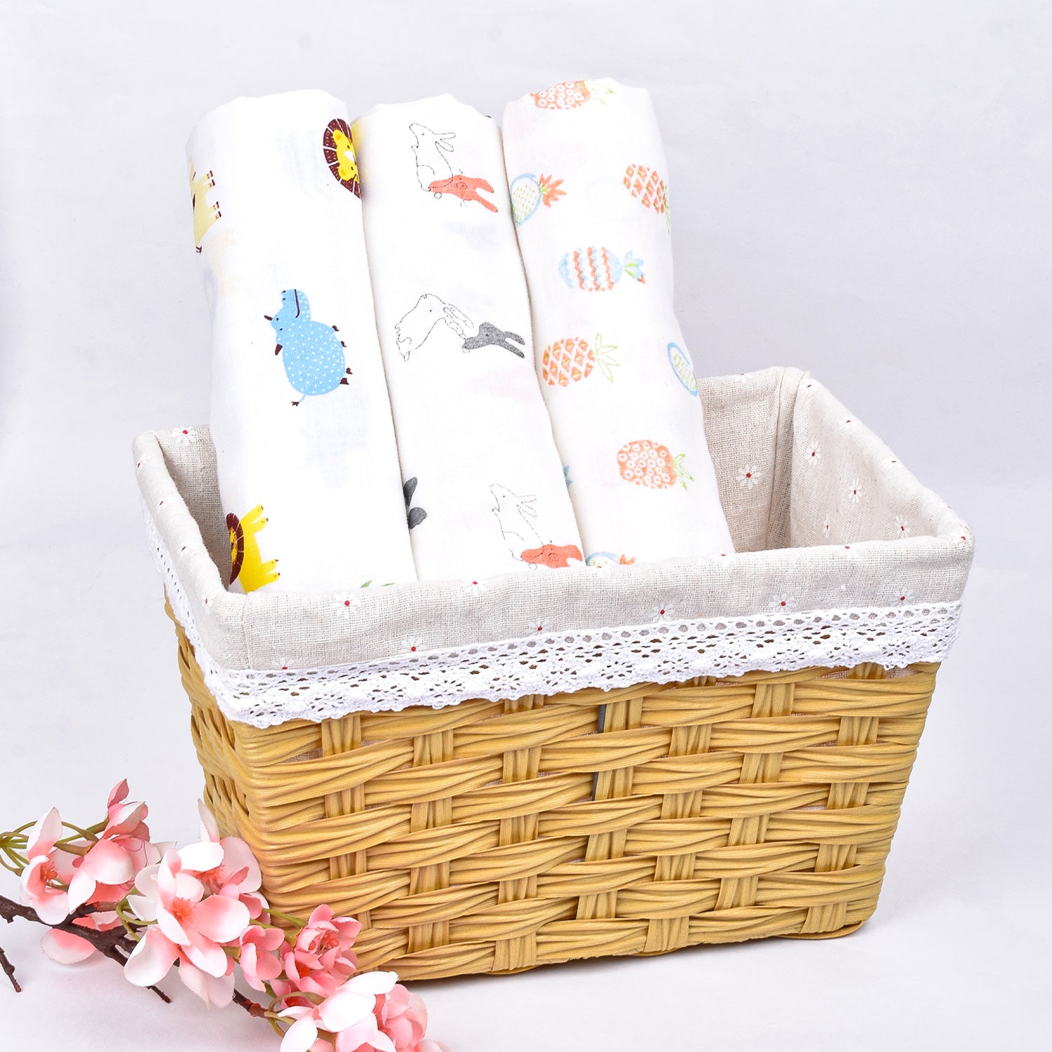 Baby Muslin Swaddle - 100x100 cm- Pack of 3-Rabbit, Pineapple and Jungle