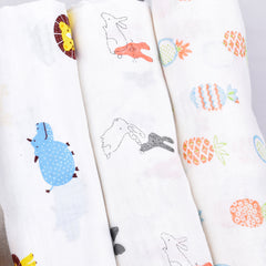 Baby Muslin Swaddle - 100x100 cm- Pack of 3-Rabbit, Pineapple and Jungle