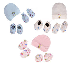 New Born Baby Cap Mitten Booties Set – Pack of 3 Mix Design