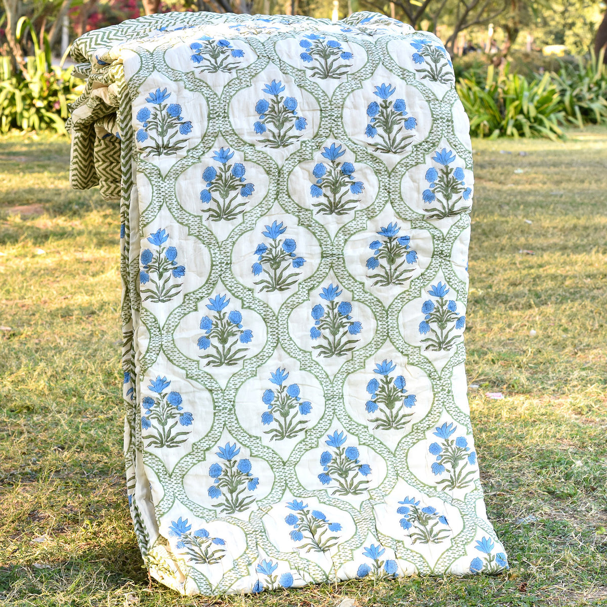 Mom's Home Organic Cotton Double Bed- Soft and Light Weight Comfortor/Quilt - 90"*108'' - Blue Tulip